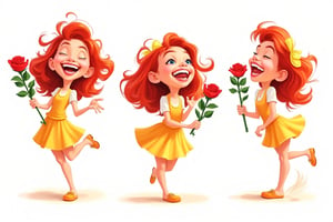 A vibrant caricature of Anna, a girl with a wide smile revealing exaggeratedly  large teeth, holding a red rose in her hand. The scene is brightly lit, with bold, exaggerated features and playful, cartoonish style. pose lively and expressive.  sheet. multiple views. expressive poses