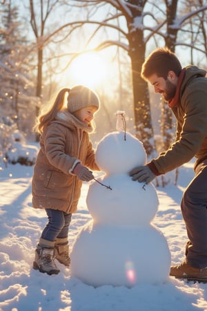 Close-up shot of a beaming girl with a ponytail standing beside her father, surrounded by the serene winter wonderland. The sunlight casts a warm glow on their joyful faces as they work together to build a snowman. Her bright smile and his patient guidance create a sense of warmth and togetherness. In the background, a tall tree's branches stretch towards them, its long shadows softly falling like a gentle veil, subtly hinting at the passing of time.