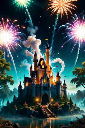  castle  Kingdom of Paws , colourful firework
 sky ultra detailed forest  sharp focus , and complexity invoking a sense of magic and fantasy, 8kUHD, resembling steam in water, amber glow ,ColorART, colorful, style,colorful,Movie Still,DracolichXL24