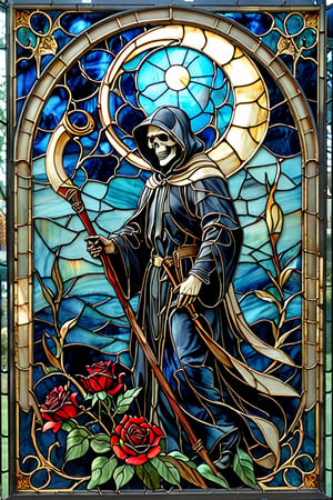 A stunning stained glass artwork. At its center, there's a grim reaper with intricately scythe, set against a deep blue backdrop. Crescent moon overhead, black robes, ((black roses)) 