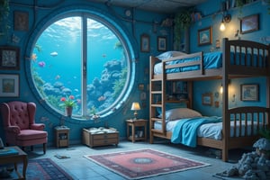 a cozy steampunk bedroom at the bottom of the ocean, bunk bed, books, aquarium, large window, vibrant colors, Studio Ghibli, StdGBRedmAF, lineart