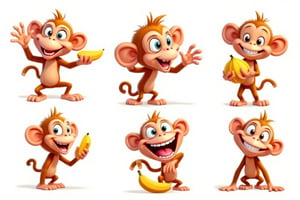 A vibrant caricature of a monkey with a wide smile revealing exaggeratedly teeth, holding a banana in his hand. The scene with bold, exaggerated features and playful, cartoonish style. pose lively and expressive.  sheet. multiple views. expressive poses