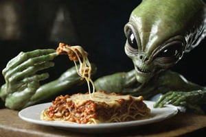 alien is eating lasagne