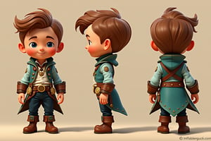 Beauty, 3D render, play of shadow and light. Cute cartoon boy , Disney style, steampunk, character sheet, front view, half-side view, half-back view
