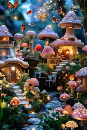 Mushroom-shaped fairy houses, Chimney made of frosting, mushroom-shaped ship on the sea, whimsical miniature shore town, butterflies, lush overgrown fungi, tiny windows and doors, thatched roofs made of marshmallows, vibrant crystal wildflowers, twisting vines, frosting-covered stones, fairy lights, A cookie bridge, dragonflies and bumblebees, miniature garden tools, walnut shell bird baths, raindrops on petals, soft evening glow, moonbeams filtering through trees, pastel color palette, enchanted forest backdrop, intricate botanical details, realistic photo.