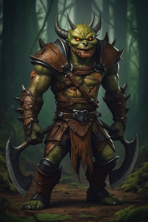 cartoon Evil creature vegetable medieval warrior, with bright eyes and a menacing expression, holding two double-edged axes. The creature is dressed in torn leather armor with metal elements. The head has cracks and looks worn in battle. Full body, background is a scary forest. Dark fantasy style, medieval era with mythological influences. High detail, sharp textures on the armor, axes and angry face of the creature. Aggressive and hostile mood