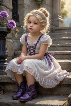 Wistful Whispers: A fantasy-colored sketch captures a beautiful little girl sitting side-on, her curly blonde locks tied in a bun, wearing a flowing white lace dress and rugged boots. She cradles a majestic purple rose, her eyes gazing wistfully into the distance. The scene unfolds on stone steps, framed by an ornate black railing that creates a stunning bokeh effect.