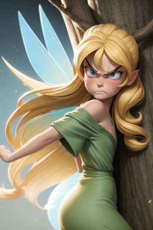 fairy, she has a tree branch instead of a nose, TinkerWaifu, fairy wings,
golden dust, warm light. TinkerWaifu looks angry and sad, and she has a beautiful face when she's angry, posing, crossed_arms, long golden yellow hair, a tree branch instead of a nose