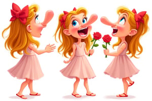 A vibrant caricature of Anna, a girl with a wide smile revealing exaggeratedly long nose, holding a red rose in her hand. The scene is brightly lit, with bold, exaggerated features and playful, cartoonish style. sheet. multiple views. expressive poses