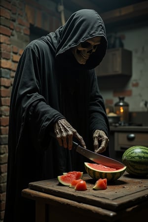 In a dimly lit, rustic kitchen, worn brick and wooden beams create a somber backdrop. Grim Reaper's tattered black robes flow behind him like a dark cloud as he slices watermelon on a weathered cutting board with the scythe's curved blade, cold, bony fingers grasping the tool. The blade casts an unsettling glow on the walls, juxtaposed against the fresh produce filling the air with its earthy scent. Grim Reaper's intense focus and precision evoke a sense of dark fantasy as he performs a mundane task with unnerving ease, his scythe glinting in the faint light.