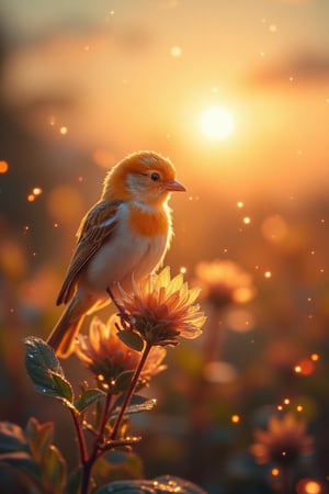 A cute, lithe bird named SparkGlow.hanna perched delicately on a vibrant flower, surrounded by sparkling dew drops under the soft, warm light of a sunrise. The bird's feathers glisten with a subtle glow, and it tilts its head inquisitively. The composition is centered, with the flower and bird in the foreground, and the tranquil landscape bathed in the golden hues of the rising sun in the background. close up