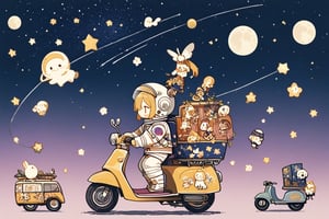 (chibi),fairy tale illustrations,Perfect sky, moon and shooting stars,moon on face, pagan style graffiti art, girl riding a scooter, hippy van, veichle focus, motor vehicle, Flower,(☆ // purple gradient background),)Star mark hanging on a string:1.2),
 BREAK
 top quality, sharp detail, oversaturated, detailed and complex, original work, trendy, vintage, award winning, artint,artint,starry sky,Anime girl,astronaut_flowers,seseeeh