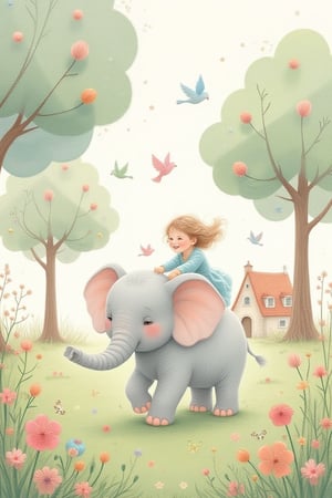 Whimsical digital artwork in Catrin Welz-Stein's style, featuring a playful elephant with soft pastel colors. A child or small companion joyfully rides the elephant, surrounded by blooming flowers, colorful birds, and fantasy-like trees with oversized leaves. A quaint cottage sits in the background, creating a dreamy, serene scene. The composition is minimal and light, radiating joy and innocence through delicate, storybook elements.