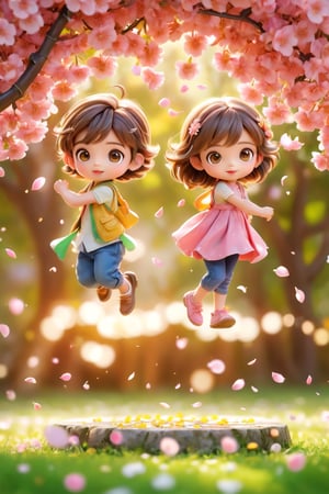 Summer style, portrait style, flower petals falling, flowers blooming, Two happy and cute lovely little girl and boy, looking at the world go by, high definition, pixar style, white background, full body , flowers blooming and lamps lignting bokeh as background Summer style, realistic high quality, leaves falling, big eyes so cute and beautiful, under the tree have a table,  and beautiful flowers, leaves falling, Turn around and look viewers , pink flowers blooming fantastic amazing and romantic lighting bokeh, yellow flowers blooming realistic and green plants amazing tale and lighting and candys full the bucket, as background,Movie Still, chibi 