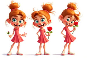 A vibrant caricature of Anna, a girl with a wide smile revealing exaggeratedly  large teeth, holding a red rose in her hand. The scene is brightly lit, with bold, exaggerated features and playful, cartoonish style. pose lively and expressive.  sheet. multiple views. expressive poses