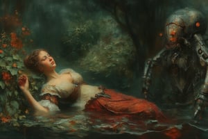 Pre-Raphaelite style painting based on Millais' Ophelia, Lush riverbank scene with drowning woman and eerie spider-like robot,
Woman: Pale, serene face, arms outstretched in water. Elaborate period dress with embroidered flowers. Floating amidst water plants,
Nature: Dense foliage, wildflowers, reeds. Rich, detailed vegetation in deep greens and earthy tones. Calm, dark water reflecting surroundings.

Composition: Horizontal format, woman centered, surrounded by nature,
New element:spider-like robot partly hidden in foliage,Metallic body with insectoid features,Glowing red eyes observing the scene,
Style: Hyper-realistic Pre-Raphaelite technique,Meticulous detail in nature and fabrics. Soft, dream-like lighting.
Mood: Juxtaposition of serene tragedy and unsettling futurism. Maintain original painting's melancholic atmosphere with added element of sci-fi unease.

Color palette: Lush greens, earth tones, muted florals. Robot in contrasting metallic hues with subtle red glow.,oil-on-canvas style of classic painting,AbmoilPainting