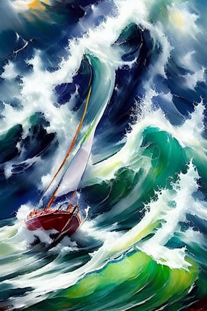 Turbulent Sea: 'Catch' Struggle Against Massive Wave. Brushstrokes of whitewater fury engulfing yacht's hull as it battles against cresting blue-green monolith. Waves' ferocity and yacht's desperation captured in swift, dynamic strokes.