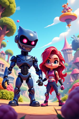 Create an art style image, featuring exaggerated chibi Terminator and chibi Sarah Connor features with a cartoonish and whimsical approach. They should have bold, playful designs reminiscent of animated TV shows, with bright, vibrant colors and dynamic poses. They stand holding each other's hand. Everyone looks in their own direction. The environment should be an imaginative, colorful landscape with oversized, playful objects like giant trees, fantastical floating islands, and quirky buildings. The overall feel should be fun, energetic, and engaging, capturing the playful and adventurous spirit of Fortnite. cartoon art