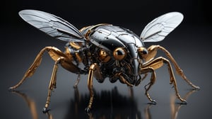 Hyper-realistic 3D render of a robot bug made entirely of shiny ceramic sitting on a black glass surface. Sleek, reflective surface covering the entire body. Intricate details of Insectoid anatomy preserved in the metallic structure. Segmented armor plates clearly defined,  polished and reflective. Curved surfaces creating distorted reflections of the environment. Wings spread, showcasing flexible metal segments,more detail XL