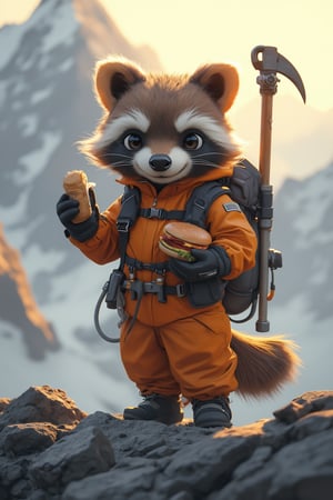 a fluppy, cute fur racoon stands confidently with a bold stance, gripping an ice-axe in one hand and burger in the other. wearing cute alpinist suit. The framing of the shot showcases her strong profile, with the tool-wielding arms outstretched to either side. A warm golden light illuminates her determined expression, casting long shadows across the rugged terrain. In the background, misty mountains rise like giants, underscoring his fierce determination