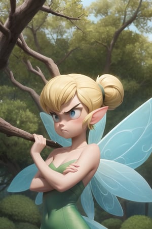 fairy, she has a tree branch instead of a nose, TinkerWaifu, fairy wings, looks angry and sad, and she has a tree branch instead of a nose, posing, crossed_arms, a tree branch instead of a nose