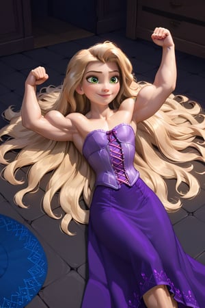 score_9,score_8_up,score_7_up, very muscular girl Tangled, ((flat chest)), purple princess dress, light purple corset, long wide dark purple skirt lanyards with pink patterns, barefoot, very strong arms, very long legs, very strong calves, very strong pectorals, pretty face, fine face, green eyes. (((blond hair))), ((((((very long 500ft hair lying on the floor)))))). (((Her hair is so long it stands out from the frame))). She flexing a single biceps. She's in the street. fine details, 8k