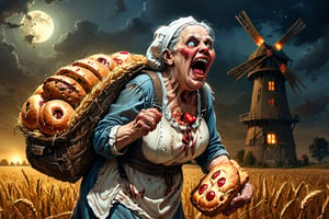 (((medium shot of Creepy Freakish biopunk screaming very fat old woman baker carries a bag of baked goods on his back), (there is a lot of wheat around), (night dark windmill in the field background), ((biopunk, raw meat, ulcers red pores), art style by Zdzisław Beksiński, glowing lights, masterpiece, best quality, photorealistic illustration, ultra-high resolution, photographic light, hyper detailed, Creepy Freakish,creepy_n_freaks_V1.0:0.8