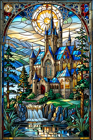 A stunning stained glass artwork of a majestic castle or cathedral situated amidst a serene landscape. The castle features intricate designs, with gothic arches, colorful stained glass windows, and ornate detailing. The surrounding environment is lush, with tall trees, flowing waterfalls, and a calm river. The colors used in the artwork are vibrant, with shades of blue, green, red, and gold dominating the scene. The castle's architecture is complemented by the natural beauty of the landscape, creating a harmonious and enchanting scene.