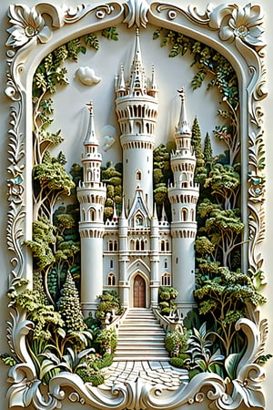 A meticulously crafted 3D artwork of a majestic tower surrounded by intricate details. The tower is surrounded by lush greenery, including trees and bushes, and there's a pathway leading to its entrance. The entire artwork exudes a sense of fantasy and fairy tale.