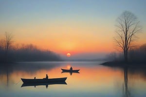 The image depicts a serene scene set at what appears to be either dawn or dusk, given the presence of a large, orange-hued sun near the horizon. The sky is a gradient of colors, with a soft peach tone near the sun that blends into a muted blue above and a pale green below. A solitary figure stands in a small boat on calm water, which mirrors the sky's colors and the silhouette of the trees on its surface. The trees, with their dark silhouettes, are reflected in the water, suggesting a tranquil, still environment. The overall mood conveyed by the image is one of peaceful solitude and the quiet beauty of nature.