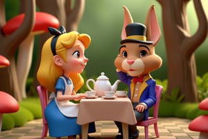 3D caricatures of Alice and the rabbit in a whimsical garden. Alice, with her blonde hair and wearing a blue dress with a white apron, sits at a tea party table. The rabbit, with oversized top hat, wears a colorful suit and holds a teapot. They are surrounded by oversized mushrooms and twisted trees, with a checkered ground beneath them. The scene is filled with quirky details and stylized elements, enhancing the fantasy atmosphere of Wonderland. 3D caricature, Alice, blonde hair, blue dress, white apron, rabbit, oversized top hat, colorful suit, teapot, teacups, whimsical garden, oversized mushrooms, twisted trees, checkered ground, tea party, quirky details, stylized