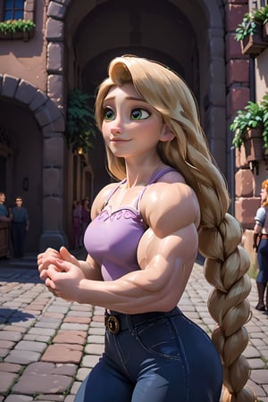 score_9,score_8_up,score_7_up, very muscular girl Rapunzel hugs Flynn Rider, fine details, 8k