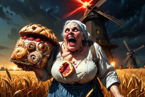 (((medium shot of Creepy Freakish biopunk screaming very fat old woman baker carries a bag of baked goods on his back), (there is a lot of wheat around), (night dark windmill in the field background), ((biopunk, raw meat, ulcers red pores), art style by Zdzisław Beksiński, glowing lights, masterpiece, best quality, photorealistic illustration, ultra-high resolution, photographic light, hyper detailed, Creepy Freakish,creepy_n_freaks_V1.0:0.8