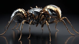 Hyper-realistic 3D render of a robot ant made entirely of shiny ceramic sitting on a black glass surface. Sleek, reflective surface covering the entire body. Intricate details of Insectoid anatomy preserved in the metallic structure. Segmented armor plates clearly defined,  polished and reflective. Curved surfaces creating distorted reflections of the environment. Wings spread, showcasing flexible metal segments,more detail XL