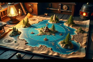 Stunning 3D illustration of a pirate sea chart from the Age of Exploration. The map is meticulously detailed, with coastlines embossed and ocean waves visible in the blue-tinted seas. Key locations, such as hidden islands, are elevated like miniature models, with small forests, mountains, and treasure caves. Intricate compass roses and wind directions are highlighted in gold ink, adding a sense of historical authenticity. The lighting is soft and warm, as if illuminated by a flickering lantern, casting gentle shadows on the table where the map is placed. The scene is set in an old wooden pirate ship's cabin, with dark wood beams and subtle nautical elements in the background,pirateskullXthejaa