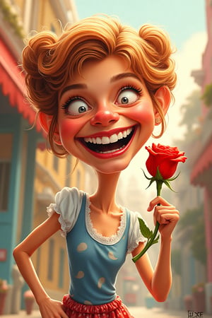 A vibrant caricature of Anna, a girl with a wide smile revealing exaggeratedly long nose, holding a red rose in her hand. The scene is brightly lit, with bold, exaggerated features and playful, cartoonish style. Anna is centered in the frame, her pose lively and expressive, set against a whimsical, colorful background.