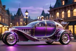 Wide shot of a minimal biomechanical steampunk Ultra translucent body victorian style vehicle  car,purple color　theme, modern luxury yacht,translucen pearl, led lights, glowing headlights, gothic and baroquegiger,night city background,glasstech,Car,STEAM PUNK,Clear Glass Skin,steampunk style,Glass Elements