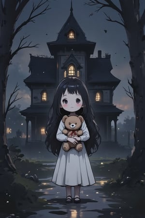 score_9, score_8_up, masterpiece, cute, anime, chibi, 1girl(black blank eyes, white skin, long dark hair, expressionless, wearing a nightgown, holding a teddybear) standing in a dark old haunted house