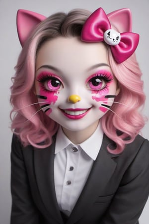 1girl, solo,(cosplaying as Joker (from Batman's Movie)):0.6), evil eyes, detailed face, detailed eyes, matching cosplay make-up, colourful joker face paint, (((cat eyes))), colourful paint in face,suit,Hello Kitty, typical pink Hello Kitty skin, (perfect cute paws):1.5, ribbon in hair, cute nose, crazy broad joker smile, fine real cat whiskers, SFW