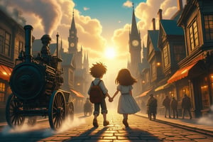 A whimsical townscape unfolds as a boy and girl, hands clasped together, stroll side-by-side through the misty streets. Steeples and clock towers rise from the cobblestone roads, where steam-powered carriages rattle by, their hissing pipes spewing wisps of vapor. The sun casts a warm glow, illuminating intricately detailed buildings with copper accents and wispy smoke curls rising from chimneys. A low-angle view captures the sense of adventure as the pair explores this fantastical world, where gears and cogs meet ancient magic.Anime Ghibli Style