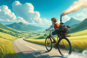 A boy joy ride a bicycle equipped with a steam-engine at the back of bicycle speeding on the road surrounded by hills and vast meadows, low ground angle view,Anime Ghibli Style
