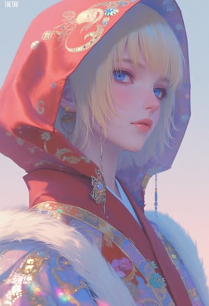 Kyoto Animation stylized anime, a sensual woman with blonde hair, and blue eyes, with detailed ornate fur hooded kimono, red hooded kimono, miniskirt, fantasypunk. Cinematic lighting, ethereal light, intricate details, extremely detailed, incredible details, full colored, complex details, insanely detailed and intricate, hyper maximalist, extremely detailed with rich colors. masterpiece, best quality, HDR, UHD, unreal engine. Representative, fair skin, rich in details High quality, gorgeous, 8k, super detail, gorgeous light and shadow, detailed decoration, detailed lines,glitter