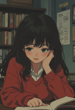 Muted Retro Colors Anime, a girl wearing a red sweater reading a book in study room