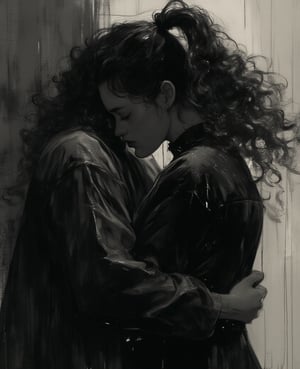 a pretty chubby woman with long curly hair and pony tail is hugging a shadow. she is crying in the rain. the image is close up.