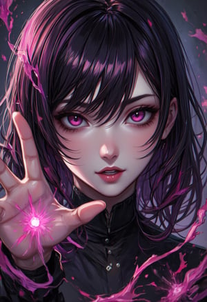 Anime, portrait, behance, close up of a 1girl, solo, Adaeze, Casting magic pose, Side-swept bangs, Lip Ring, Evil, absurdres, sublime, pure, dynamic composition, RAW photo, action, fantastic, aesthetic, dynamic, gorgeous, rich deep colors, colorful