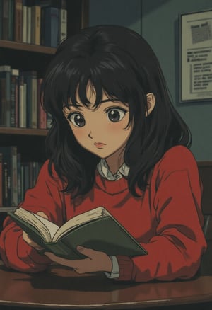 Muted Retro Colors Anime, a girl wearing a red sweater reading a book in study room