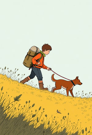 A boy is in adventure with his dog walking on a prairie,ligne_claire