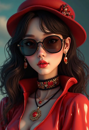 close up shot, stunning korean woman with sensual lips and pretty eyes, in a sculptural, asymmetrical blouse or a corset with dramatic elements, oversized sunglasses, a statement headpiece, or layered statement jewelry, Two-Tone hair, extremely detailed CG Unity 8k wallpaper, colorful, gorgeous, highly complex, radiant