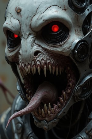 Close-up of a cyborg's face, menacing and imposing, metallic helmet with glowing red eyes and sharp edges, conveying danger and aggression. Portion of decaying flesh exposed beneath synthetic skin, grotesque and monstrous, suggesting a dystopian future where humanity and machinery merge horrifically.