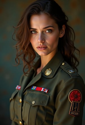 shoulder level shot, Woman Staff Sergeant, 2000'S, with Runes skin, Floral motives, pure, very inspirational, intricate detail, confident, imposing, cinematic, professional creative, intricate artistic color, stunning, dynamic cinematic perfect background, complimentary colors